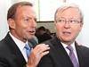 13/02/2013 NEWS: Opposition Leader Tony Abbott surprises Kevin Rudd as he says hello at Michelle Grattan's farewell drinks Pa...